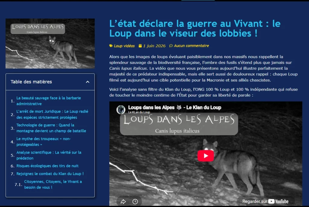 Capture d'écran de l'article Loups dans les Alpes du Klan du Loup avec table des matières et lecteur vidéo YouTube.